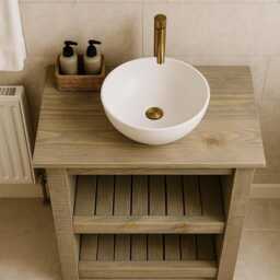 Rustic Solid Wood Bathroom Vanity Unit - Handmade Washstand With Slatted Shelves Farmhouse Style Cabinet - thumbnail 3
