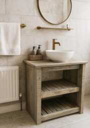 Rustic Solid Wood Bathroom Vanity Unit - Handmade Washstand With Slatted Shelves Farmhouse Style Cabinet