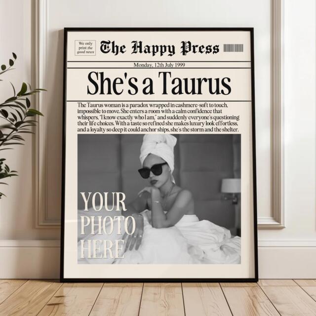 Personalized Taurus Zodiac Newspaper Print Girl Fashion Poster, Custom Wall Art - image 1