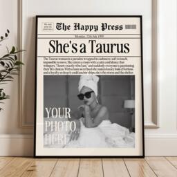 Personalized Taurus Zodiac Newspaper Print Girl Fashion Poster, Custom Wall Art - thumbnail 1