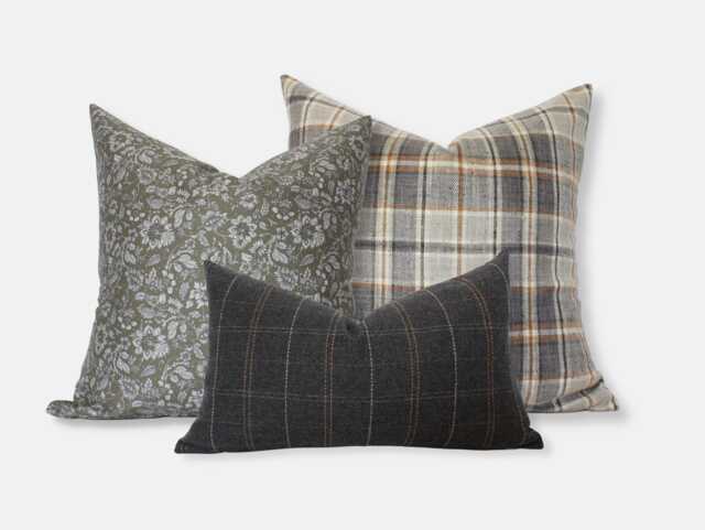Brown Green Pillow Covers, Set Couch, Grey Plaid Cream Combinations, Olive Floral Cushion Cover -- Glenn - image 1
