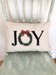 Joy Christmas Wreath Pillow Cover - Oatmeal Linen Farmhouse Decor - thumbnail 1