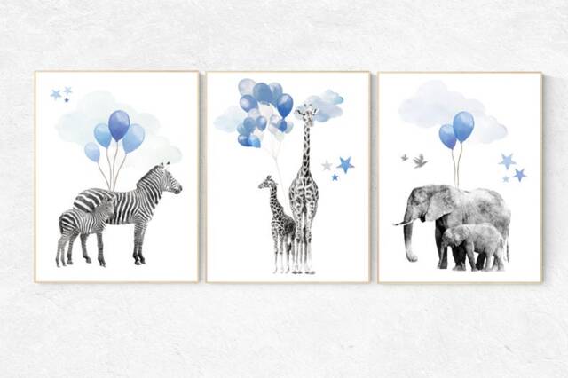 Navy Safari Nursery Prints Watercolor Baby Animals Wall Art - image 1