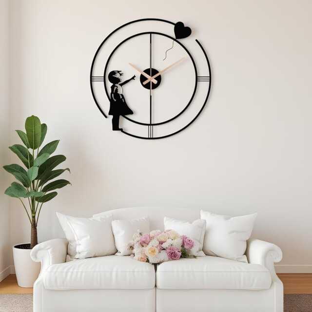 Banksy Girl With Balloon Wall Clock, Modern Graffiti Art, Metal Sign, Black Metal Clock, Valentines Gift, Farmhouse Decor, Home Decor, Custom - image 1