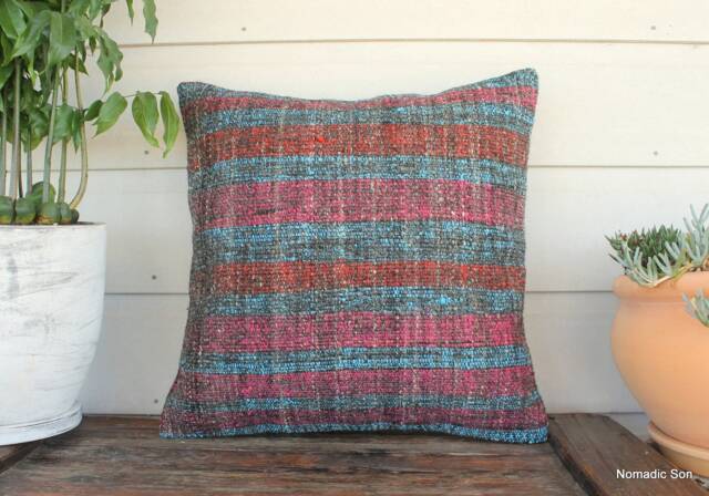 Vintage Kilim Cushion Cover - Handwoven Wool, Striped Pillow - 50cm - image 1