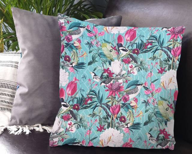 Mint Green Velvet Cushion Botanical Bird Print Scatter Cushion