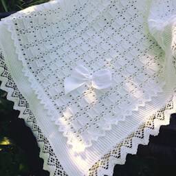 100% Cotton Knitted Pointelle New Baby Baptizm Christening Blanket in Pure White + Personalised Gift Bag - thumbnail 3