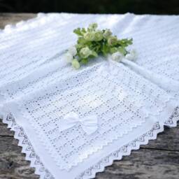 100% Cotton Knitted Pointelle New Baby Baptizm Christening Blanket in Pure White + Personalised Gift Bag - thumbnail 2