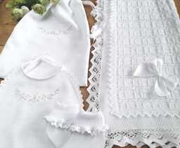 100% Cotton Knitted Pointelle New Baby Baptizm Christening Blanket in Pure White + Personalised Gift Bag - thumbnail 1