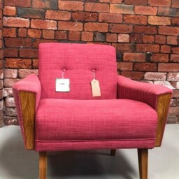 Vintage Danish Teak Mid Century 60S Inspired Model 60 Handmade Lounge Chair in Raspberry Faux Linen Fabric - thumbnail 3