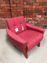 Vintage Danish Teak Mid Century 60S Inspired Model 60 Handmade Lounge Chair in Raspberry Faux Linen Fabric