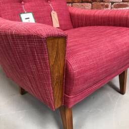 Vintage Danish Teak Mid Century 60S Inspired Model 60 Handmade Lounge Chair in Raspberry Faux Linen Fabric - thumbnail 2