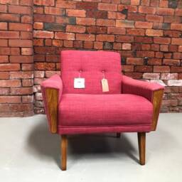 Vintage Danish Teak Mid Century 60S Inspired Model 60 Handmade Lounge Chair in Raspberry Faux Linen Fabric - thumbnail 4