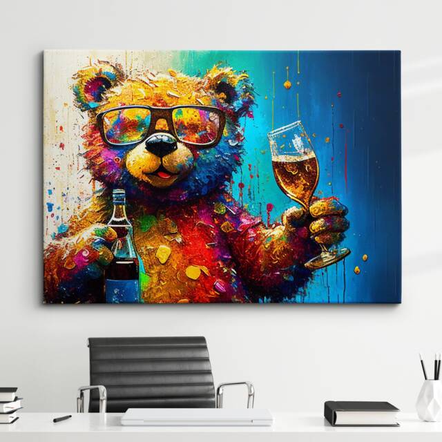 Teddy Bear Toasting Drink Glasses Art Abstract Oil Painting Framed Poster Print & Canvas Wall Living Home Decor Interior Gift - image 1