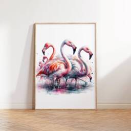 Flamingo Watercolour Print Poster - Set Of 3 Paintings - Prints Watercolor Gifts Artwork Decor Bird Wall Art - thumbnail 3