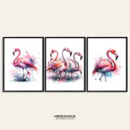 Flamingo Watercolour Print Poster - Set Of 3 Paintings - Prints Watercolor Gifts Artwork Decor Bird Wall Art - thumbnail 1