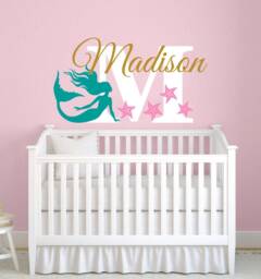 Personalized Girls Mermaid Name Wall Decal Custom Nursery Baby Girl Little Decals Decor Bedroom - thumbnail 1