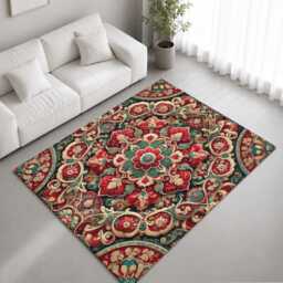 Red Green Ornate Floral Mandala Rug Non-Slip Soft Area Carpet Bedroom Living Room Hallway Mat Decor - Made in UK
