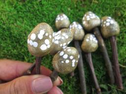 Set Of 3 Miniature Shimmery Gold Mushrooms With White Spots