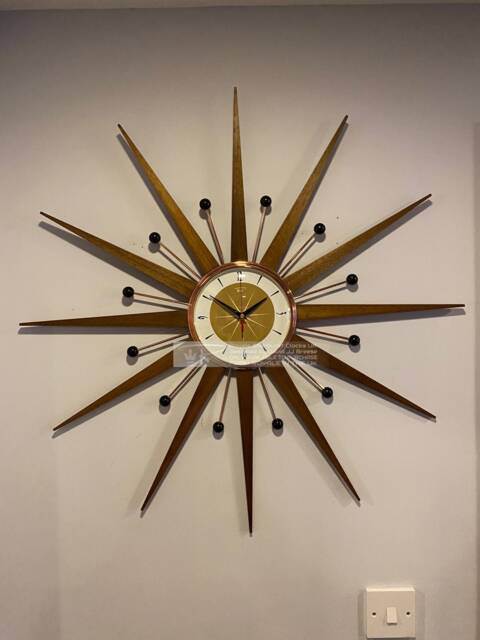 Handmade Mid Century Starburst Clock Burnt Gold Face, Teak Rays - 30 Inch - image 1