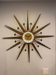 Handmade Mid Century Starburst Clock Burnt Gold Face, Teak Rays - 30 Inch - thumbnail 1