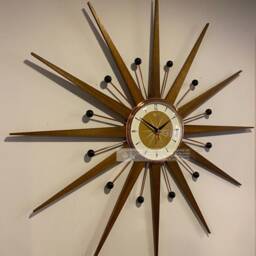 Handmade Mid Century Starburst Clock Burnt Gold Face, Teak Rays - 30 Inch - thumbnail 2