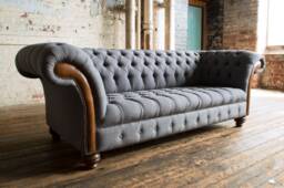 Handmade 3 Seater Iron Grey Wool & Vintage Tan Leather Chesterfield Sofa - thumbnail 1