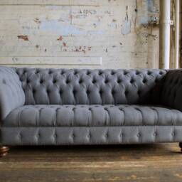 Handmade 3 Seater Iron Grey Wool & Vintage Tan Leather Chesterfield Sofa - thumbnail 3