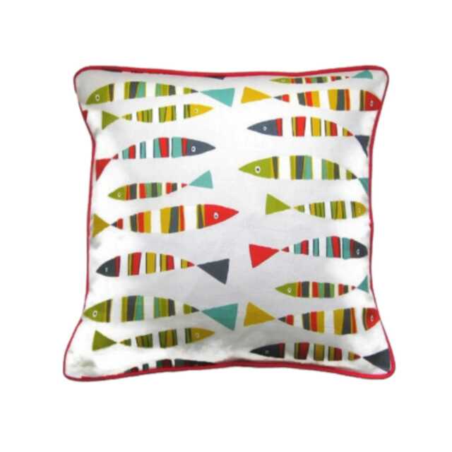 Gone Fishing Cushion Cover Multicolored Fish Print, Red Piping - image 1