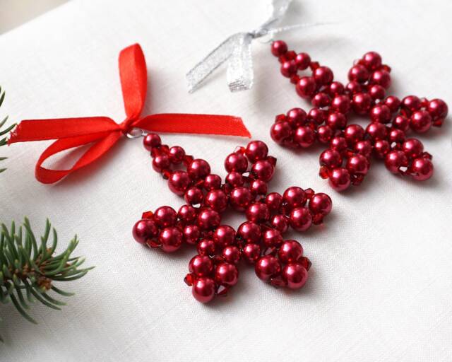 Modern Christmas Tree Ornament Red Pearl Beaded Snowflake Stocking Stuffer Crystal Star Folk Christmas Decor Red - image 1