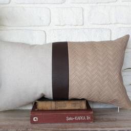 Color Block Lumbar Pillow Cover Beige Linen, Wicker Faux Leather - thumbnail 2