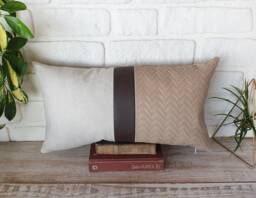 Color Block Lumbar Pillow Cover Beige Linen, Wicker Faux Leather