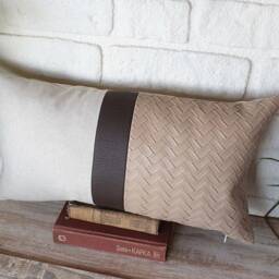 Color Block Lumbar Pillow Cover Beige Linen, Wicker Faux Leather - thumbnail 3