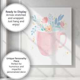 Pastel Pink Floral Tea Mug Watercolour Illustration Canvas Wall Art Print Decor Picture Ready To Hang - thumbnail 3
