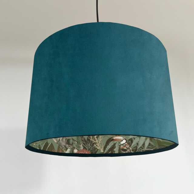 Teal Velvet Wonderland Drum Lampshade, Double Sided Lampshade With Sage Paper On Interior, Ceiling Light Shade - image 1