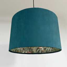 Teal Velvet Wonderland Drum Lampshade, Double Sided Lampshade With Sage Paper On Interior, Ceiling Light Shade