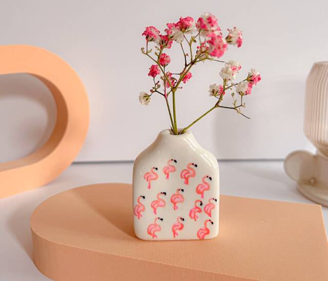 Flamingo Tiny Vase/Bud Lovers Gift Modern Home Decor Handpainted Minimalist Tropical Funky - image 1