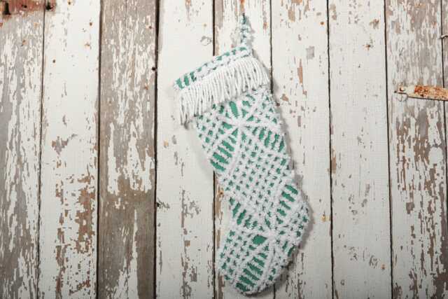 Fluffy Green & White Vintage Chenille Christmas Stocking With Matching Cuff - Wedding Ring, Flower - image 1