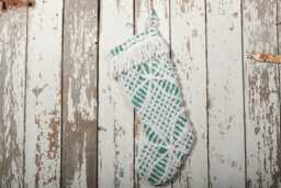 Fluffy Green & White Vintage Chenille Christmas Stocking With Matching Cuff - Wedding Ring, Flower