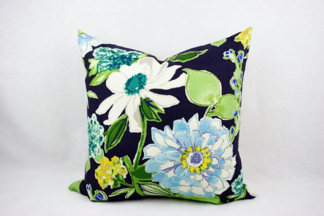 Navy, Blue, Green, Yellow & White Big Floral Pillow Cover, 20 X Inch Throw Pillow, Toss Pillow, Accent - image 1
