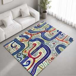 Navy Red Embroidered Abstract Swirl Rug Non-Slip Soft Area Carpet Bedroom Living Room Hallway Mat Decor - Made in UK - thumbnail 1