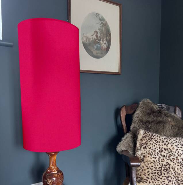 Cerise Pink Cotton Drum Extra Tall Cylindrical Lampshade, With A White Lining - image 1