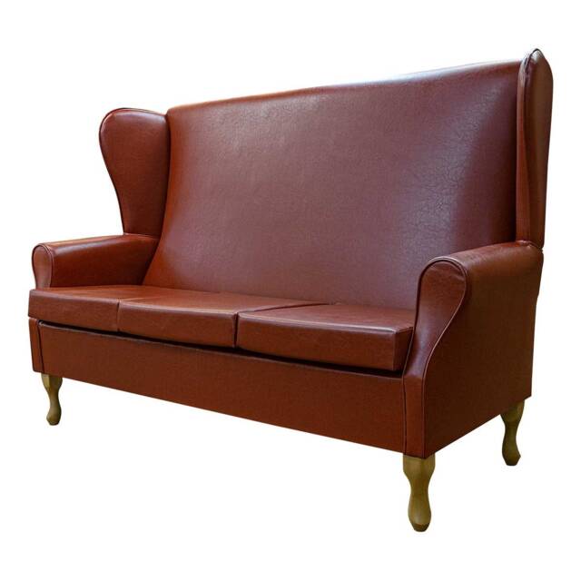 Handmade Tan Vinyl Wingback Sofa 3-Seater Queen Anne Style, British Made - image 1