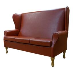 Handmade Tan Vinyl Wingback Sofa 3-Seater Queen Anne Style, British Made - thumbnail 1