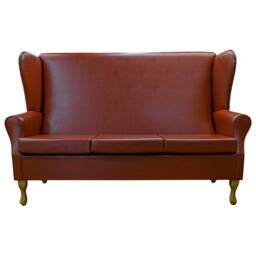 Handmade Tan Vinyl Wingback Sofa 3-Seater Queen Anne Style, British Made - thumbnail 2