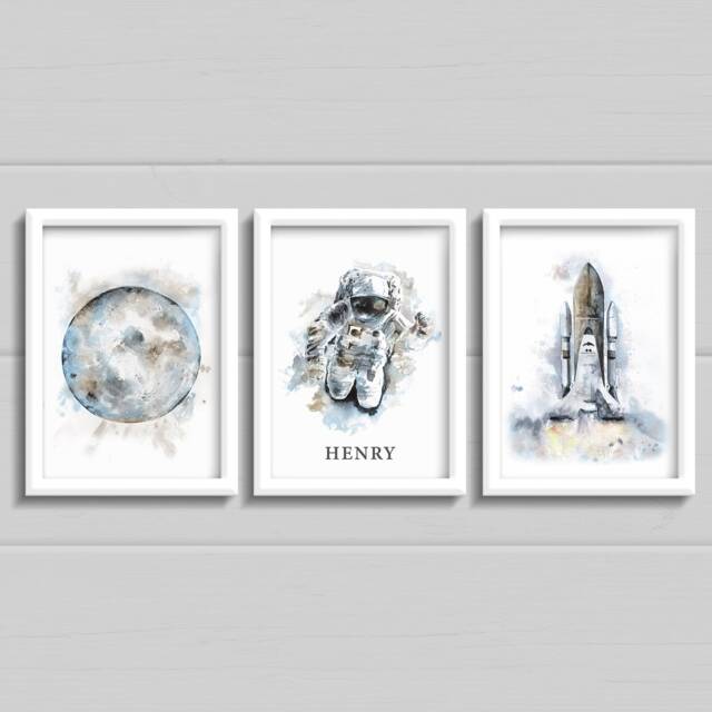 Space & Moon Prints, 3 Personalised Bedroom Space Themed Astronaut Shuttle, Choice Of Colours, Boys Nursery Wall Art - image 1