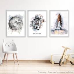 Space & Moon Prints, 3 Personalised Bedroom Space Themed Astronaut Shuttle, Choice Of Colours, Boys Nursery Wall Art - thumbnail 3