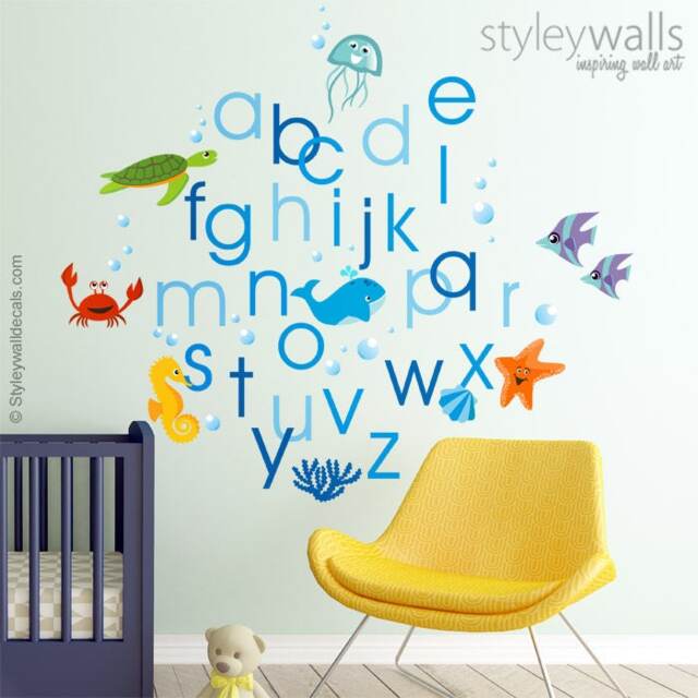 Alphabet Wall Decal, Sticker, Under The Sea Life Abc Aquarium Fishes Lettering Playroom Decor - image 1