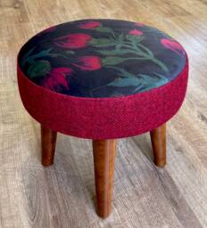 Black Velvet With Red Thistle & Harris Tweed Small Footstool