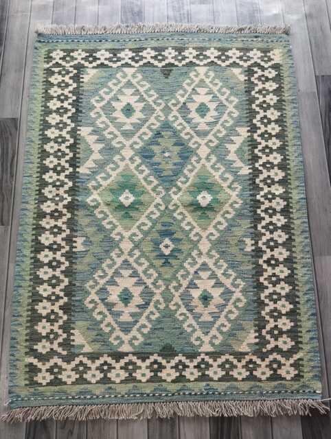 Kilim Rug Turquoise, Handmade Artisan Afghan Turkish Persian Qashqai Navajo Bohemian Natural Wool Flatweave 143x106 cm - image 1